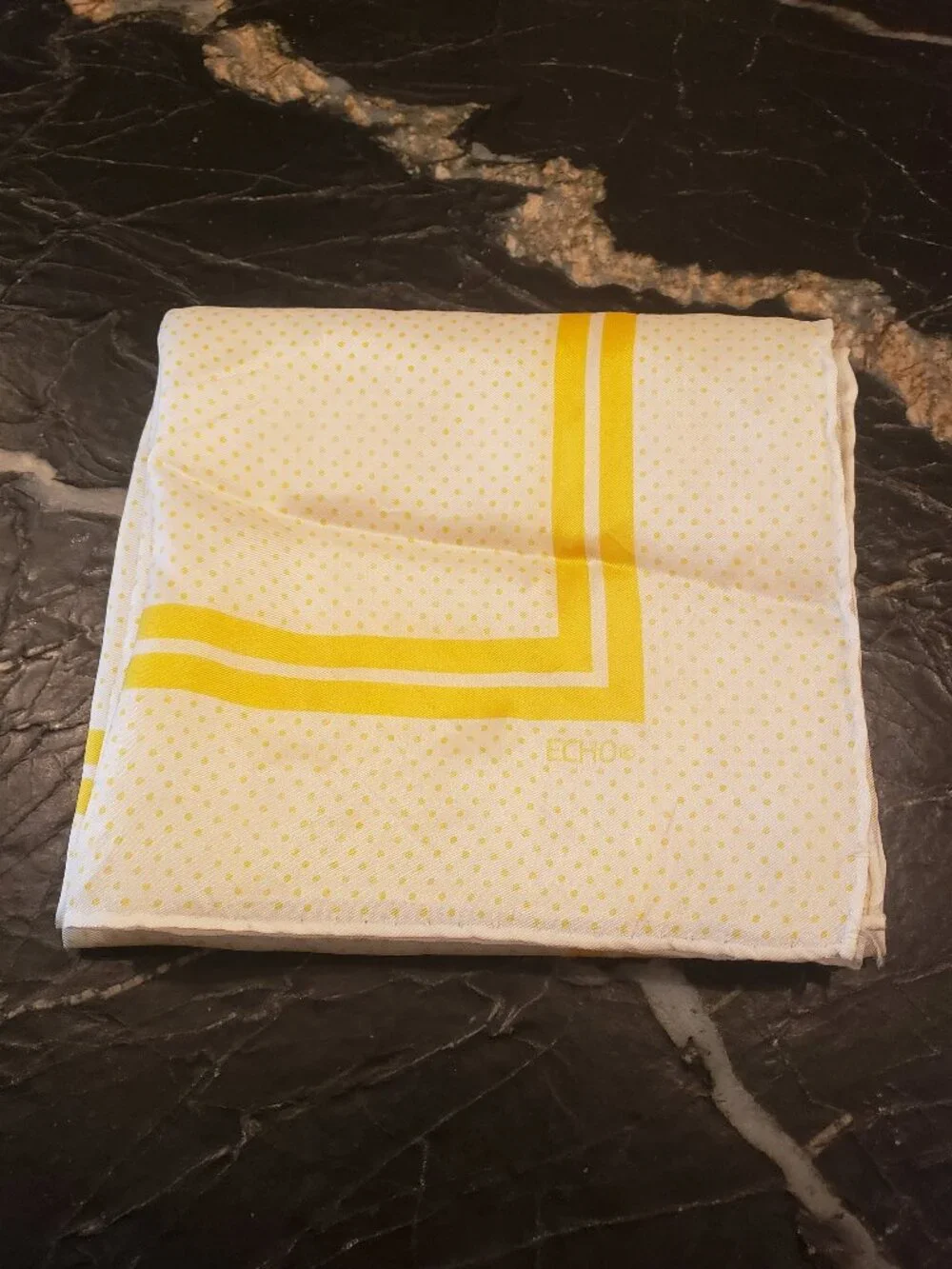 Echo Vintage Yellow Cream Polka Dot Silk Feel Square Scarf 26x26